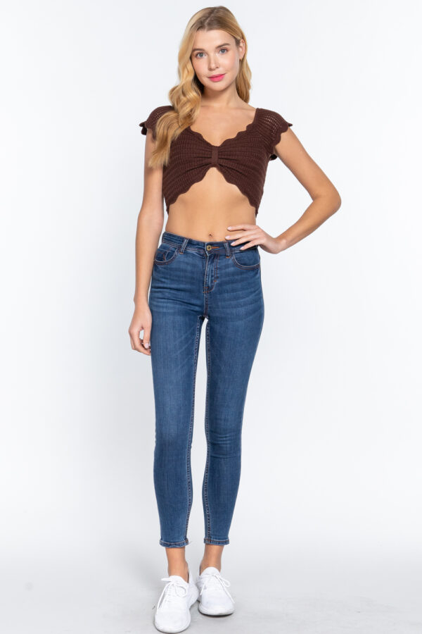 V-Neck Front-Knot Sweater Knit Crop Top – Chocolate