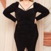 Plus Size Deep Round Neck Dress with Shirring Back – Black