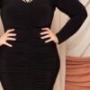 Plus Size Deep Round Neck Dress with Shirring Back – Black
