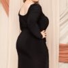 Plus Size Deep Round Neck Dress with Shirring Back – Black
