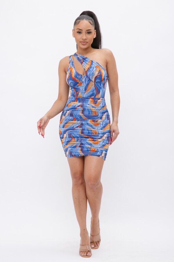 One-Shoulder Printed Mini Dress – Blue or Orange