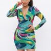 Printed Long Sleeve V-Neck Dress – Green/Pink
