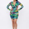Printed Long Sleeve V-Neck Dress – Green/Pink