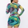 Printed Long Sleeve V-Neck Dress – Green/Pink