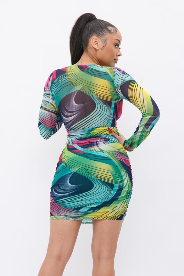 Printed Long Sleeve V-Neck Dress – Green/Pink