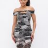 Printed Mesh Off-Shoulder Dress – Black/Grey