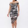 Printed Mesh Off-Shoulder Dress – Black/Grey