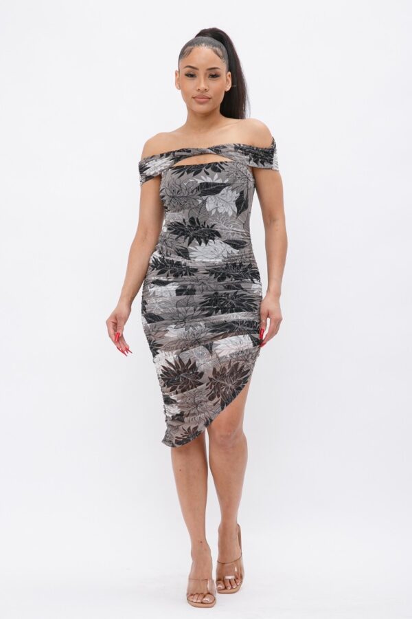 Printed Mesh Off-Shoulder Dress – Black/Grey