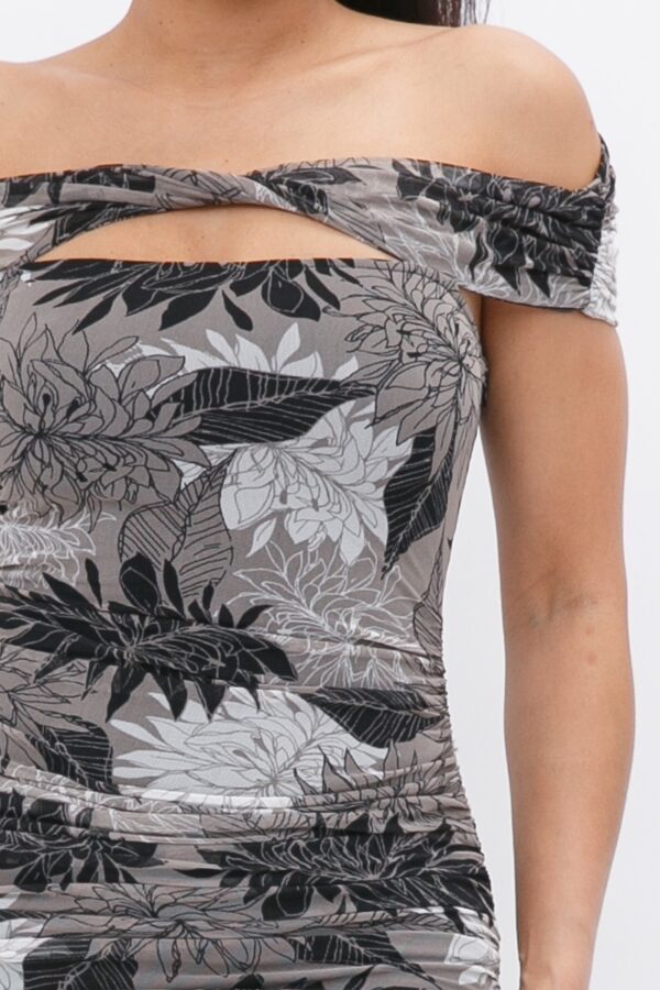 Printed Mesh Off-Shoulder Dress – Black/Grey
