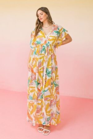 Printed Woven Maxi Cover-Up with Ruffled Sleeves – Ivory
