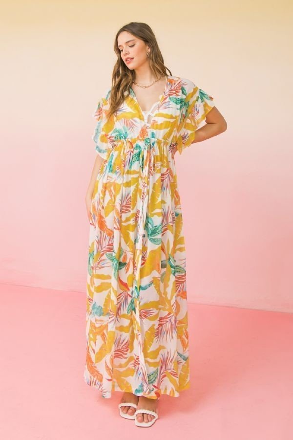 Printed Woven Maxi Cover-Up with Ruffled Sleeves – Ivory