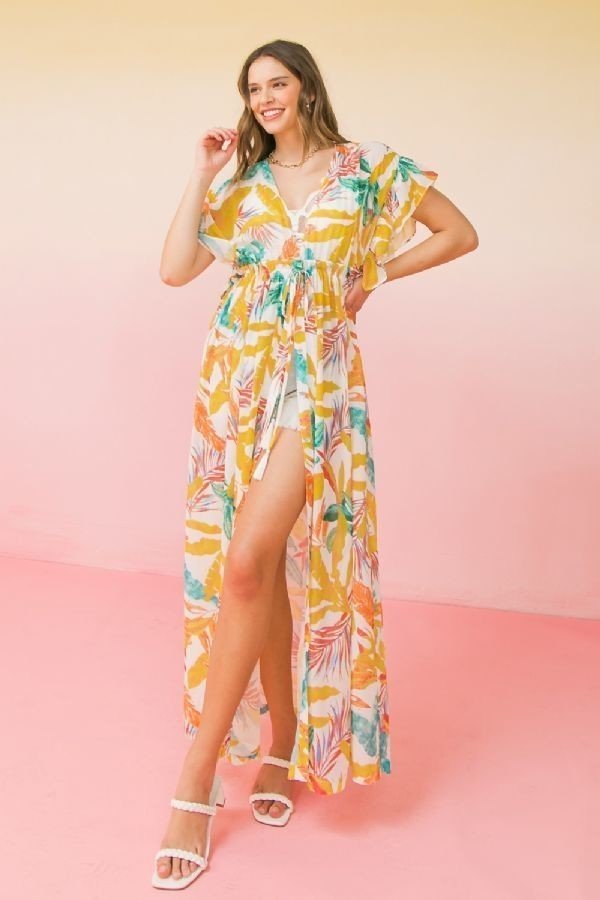 Printed Woven Maxi Cover-Up with Ruffled Sleeves – Ivory