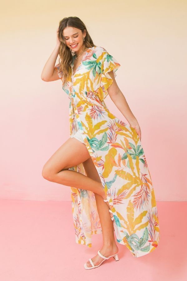 Printed Woven Maxi Cover-Up with Ruffled Sleeves – Ivory