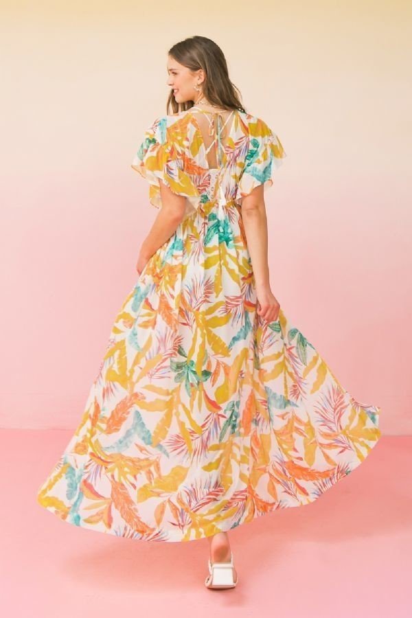 Printed Woven Maxi Cover-Up with Ruffled Sleeves – Ivory