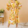 Printed Woven Midi Dress – Exaggerated Sleeves, Ivory/Brown