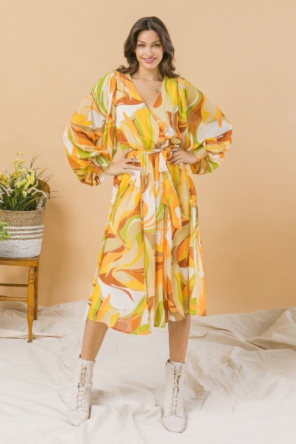 Printed Woven Midi Dress – Exaggerated Sleeves, Ivory/Brown