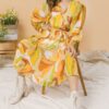 Printed Woven Midi Dress – Exaggerated Sleeves, Ivory/Brown