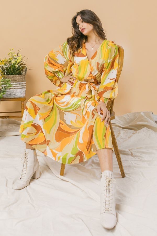 Printed Woven Midi Dress – Exaggerated Sleeves, Ivory/Brown