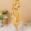 Printed Woven Midi Dress – Exaggerated Sleeves, Ivory/Brown