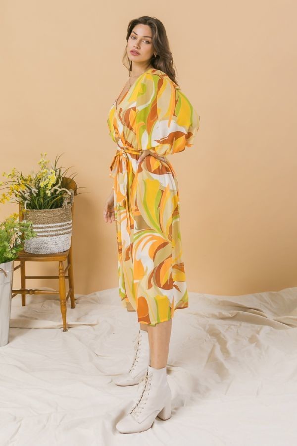 Printed Woven Midi Dress – Exaggerated Sleeves, Ivory/Brown
