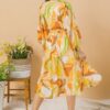 Printed Woven Midi Dress – Exaggerated Sleeves, Ivory/Brown