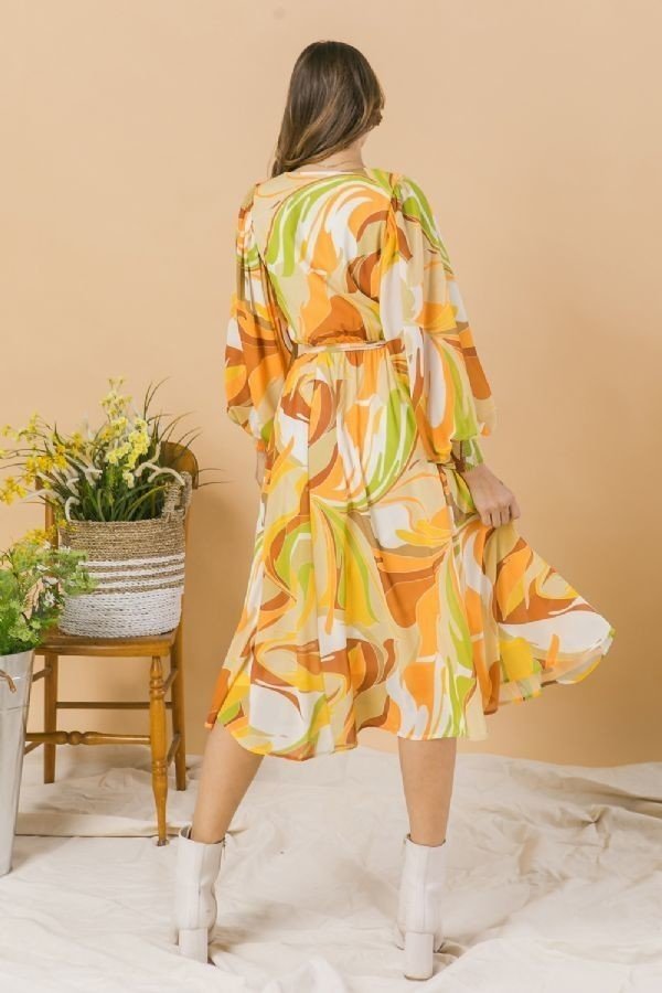 Printed Woven Midi Dress – Exaggerated Sleeves, Ivory/Brown