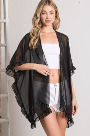 Sheer Shawl Cardigan with Ruffle Edge – Black