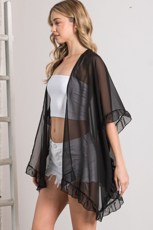 Sheer Shawl Cardigan with Ruffle Edge – Black