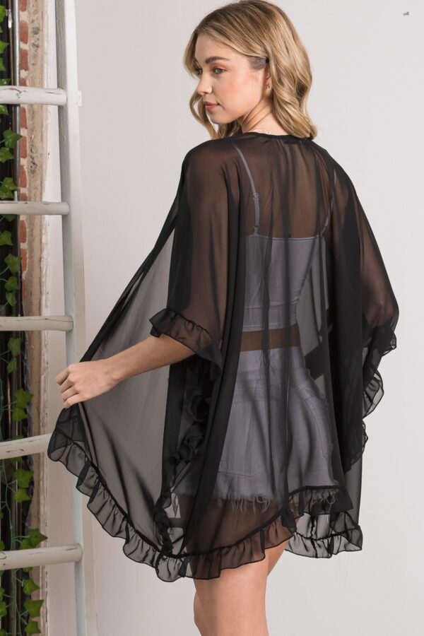Sheer Shawl Cardigan with Ruffle Edge – Black