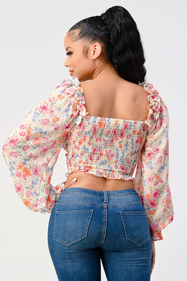Floral Sweetheart Smocked Blouse – Cream Pink
