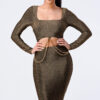 Square-Neck Bodycon Dress with Gold Chain Cut-Out – Brown