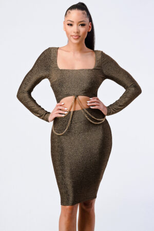 Square-Neck Bodycon Dress with Gold Chain Cut-Out – Brown