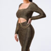 Square-Neck Bodycon Dress with Gold Chain Cut-Out – Brown