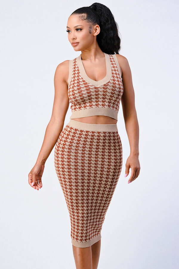 Gingham Rib Knit Top & Skirt Set – Taupe/Brown