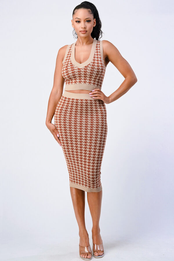 Gingham Rib Knit Top & Skirt Set – Taupe/Brown