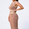 Gingham Rib Knit Top & Skirt Set – Taupe/Brown