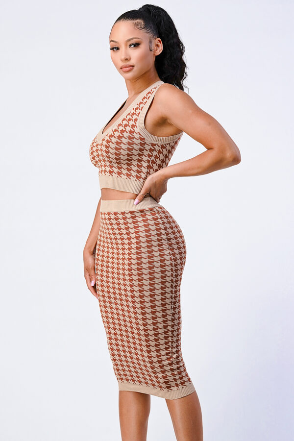 Gingham Rib Knit Top & Skirt Set – Taupe/Brown