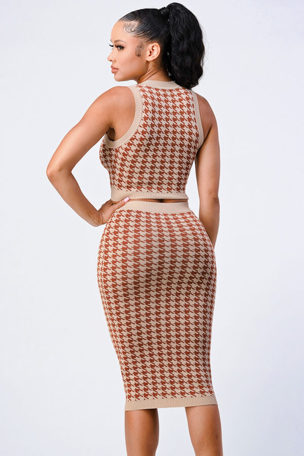 Gingham Rib Knit Top & Skirt Set – Taupe/Brown