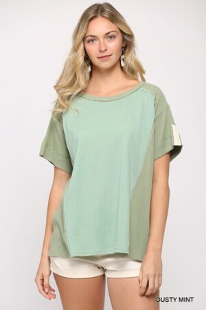 Ribbed & Solid Mixed Raw-Edge Top – Dusty Mint