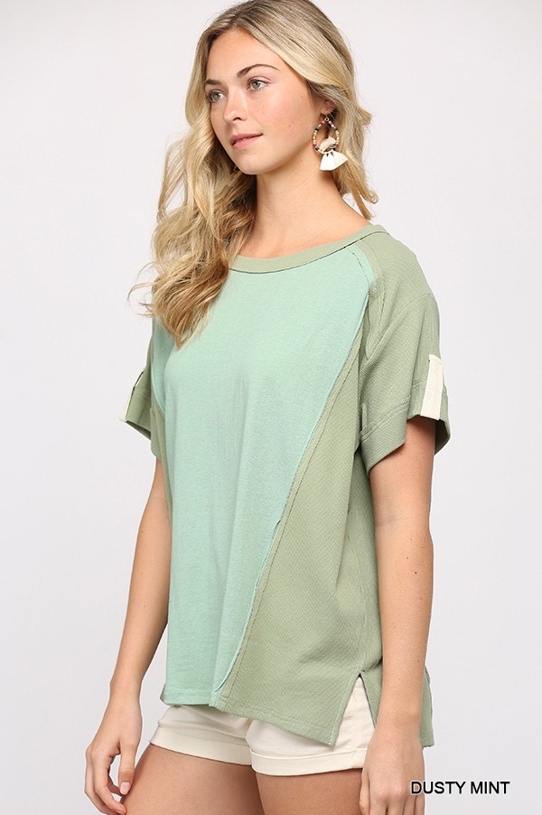 Ribbed & Solid Mixed Raw-Edge Top – Dusty Mint