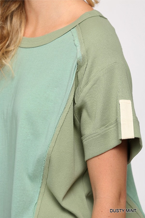 Ribbed & Solid Mixed Raw-Edge Top – Dusty Mint