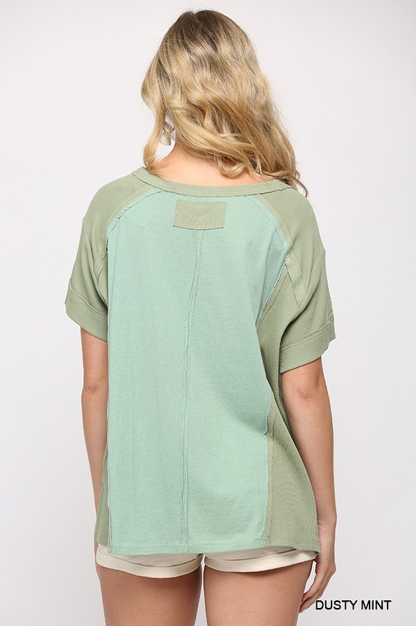 Ribbed & Solid Mixed Raw-Edge Top – Dusty Mint