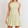 Dotted Swiss Sleeveless Dress with Pompom Layers – Sage