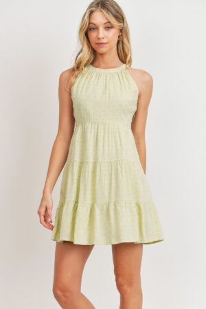 Dotted Swiss Sleeveless Dress with Pompom Layers – Sage