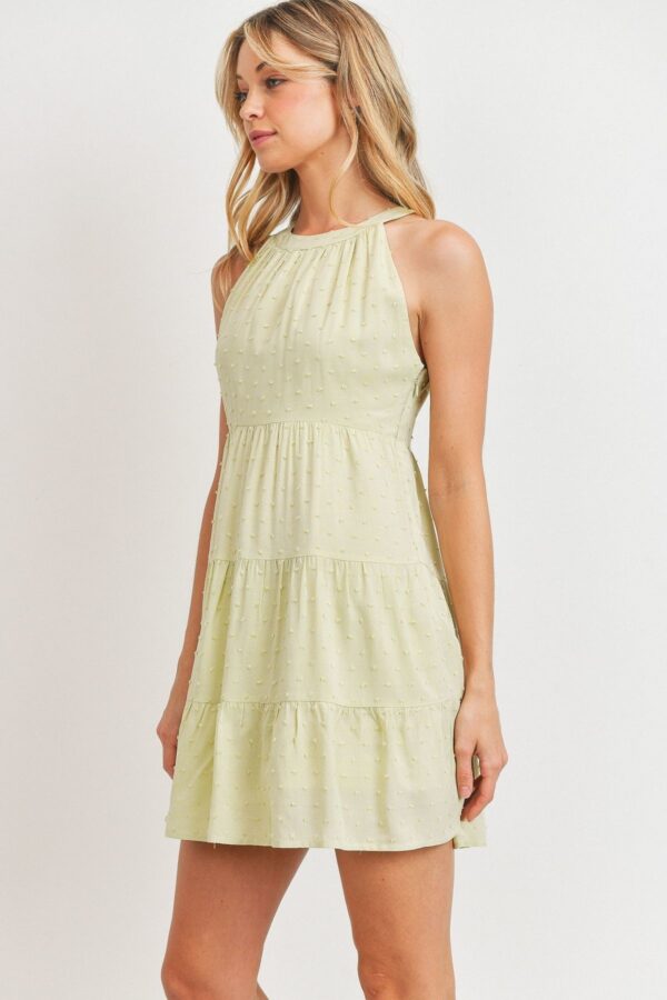 Dotted Swiss Sleeveless Dress with Pompom Layers – Sage