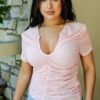 Mesh Ruched Cut-Out Short Sleeve Top – Pink