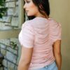 Mesh Ruched Cut-Out Short Sleeve Top – Pink