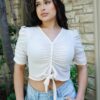 Mesh Button-Up Crop Top with Self-Tie Ruched Sleeves – White