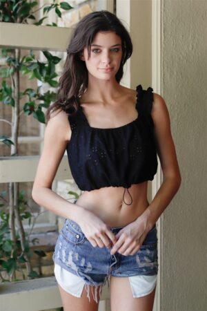 Embroidered Ruffle-Trim Strap Crop Top – Black