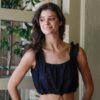 Embroidered Ruffle-Trim Strap Crop Top – Black